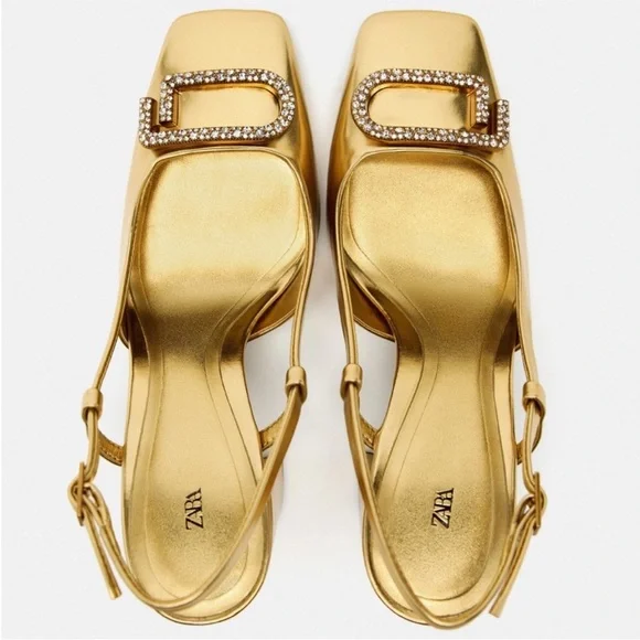 ZARA Embellished Block Heel Slingback Shoes Gold - Picture 2 of 15